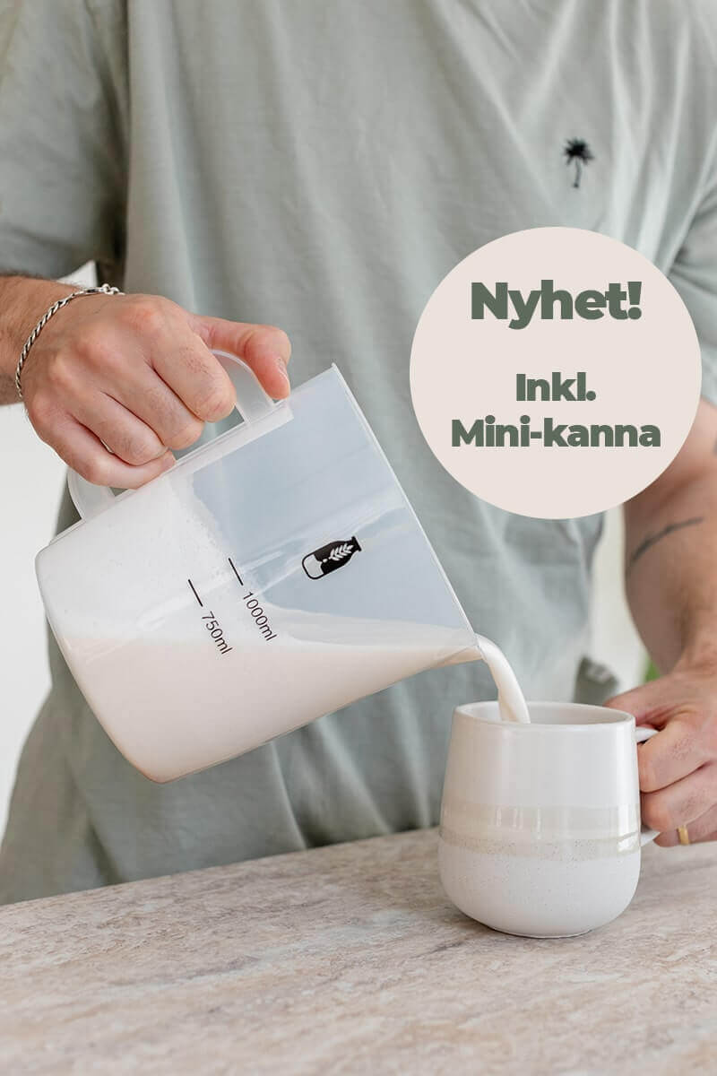 Man pouring fresh plant-based milk from a Mylky mini jug into a cup